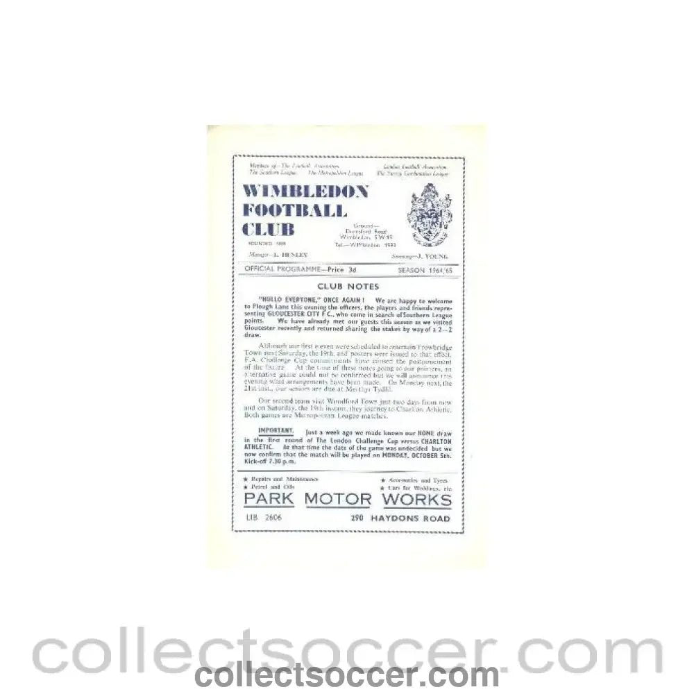 1964 - Wimbledon v Gloucester City official programme 15/09/1964 - Collect Soccer