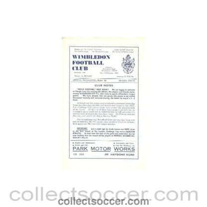 1964 - Wimbledon v Gloucester City official programme 15/09/1964 - Collect Soccer