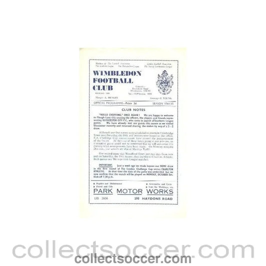 1964 - Wimbledon v Gloucester City official programme 15/09/1964 - Collect Soccer