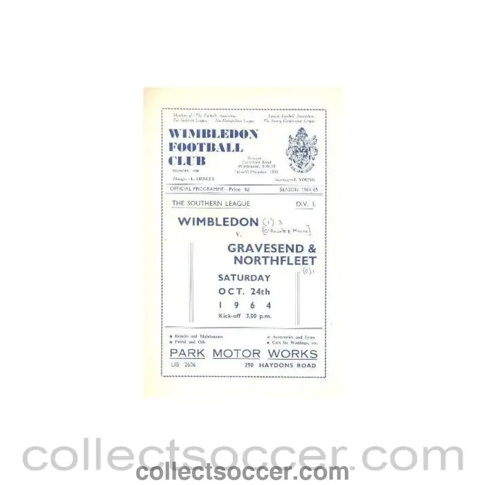 1964 - Wimbledon v Gravesend & Northfleet official programme 24/10/1964 - Collect Soccer