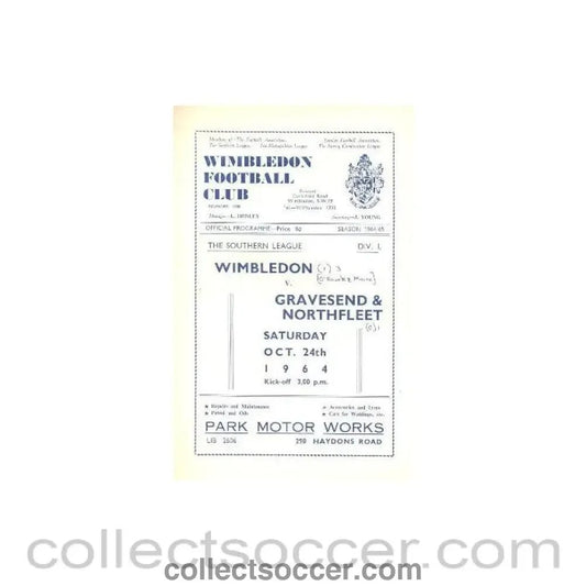 1964 - Wimbledon v Gravesend & Northfleet official programme 24/10/1964 - Collect Soccer