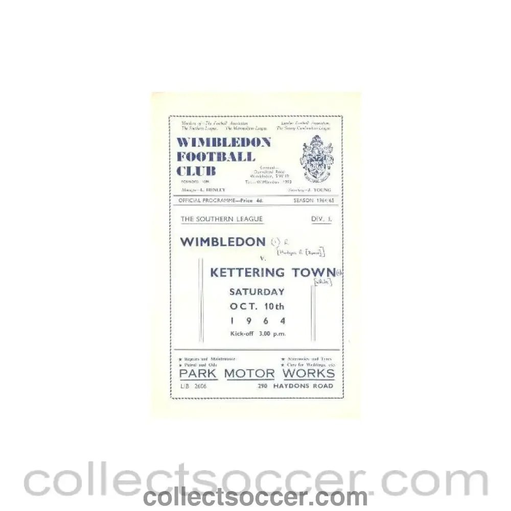 1964 - Wimbledon v Kettering Town official programme 07/11/1964 - Collect Soccer