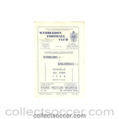 1964 - Wimbledon v Kingstonian official programme 21/04/1964 - Collect Soccer