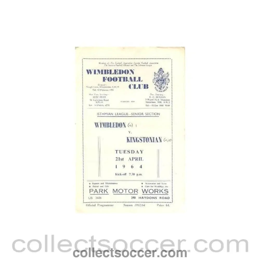 1964 - Wimbledon v Kingstonian official programme 21/04/1964 - Collect Soccer