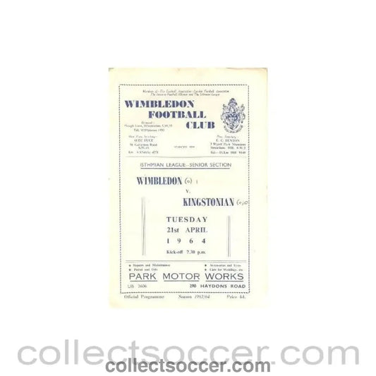 1964 - Wimbledon v Kingstonian official programme 21/04/1964 - Collect Soccer