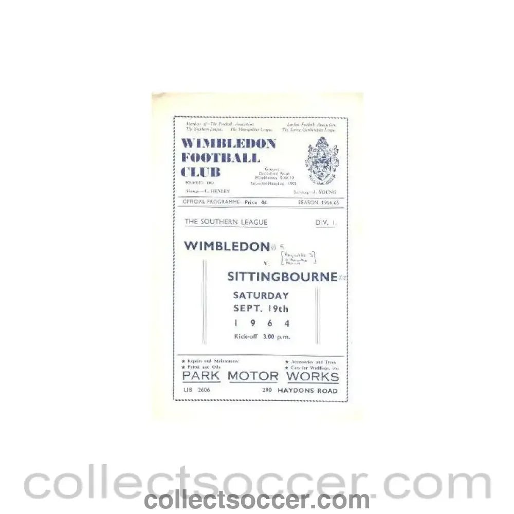 1964 - Wimbledon v Sittingbourne official programme 19/09/1964 - Collect Soccer