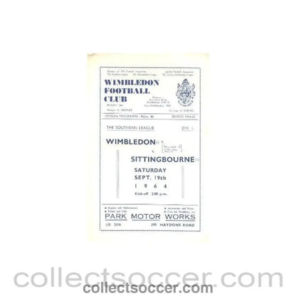 1964 - Wimbledon v Sittingbourne official programme 19/09/1964 - Collect Soccer