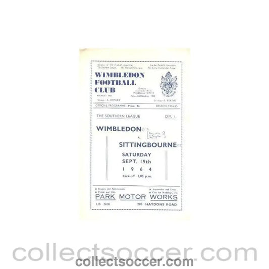 1964 - Wimbledon v Sittingbourne official programme 19/09/1964 - Collect Soccer