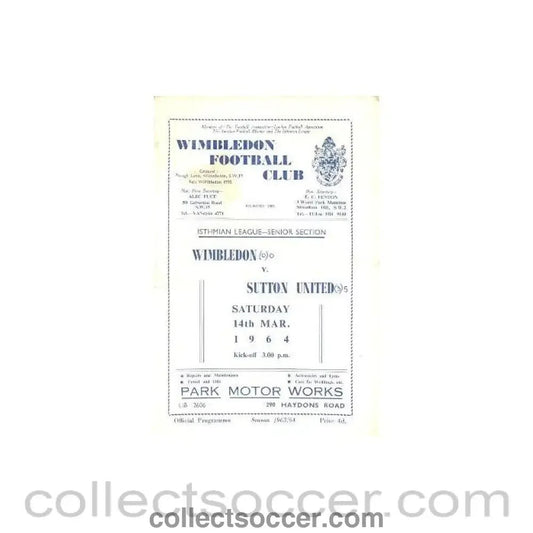1964 - Wimbledon v Sutton United official programme 14/03/1964 - Collect Soccer