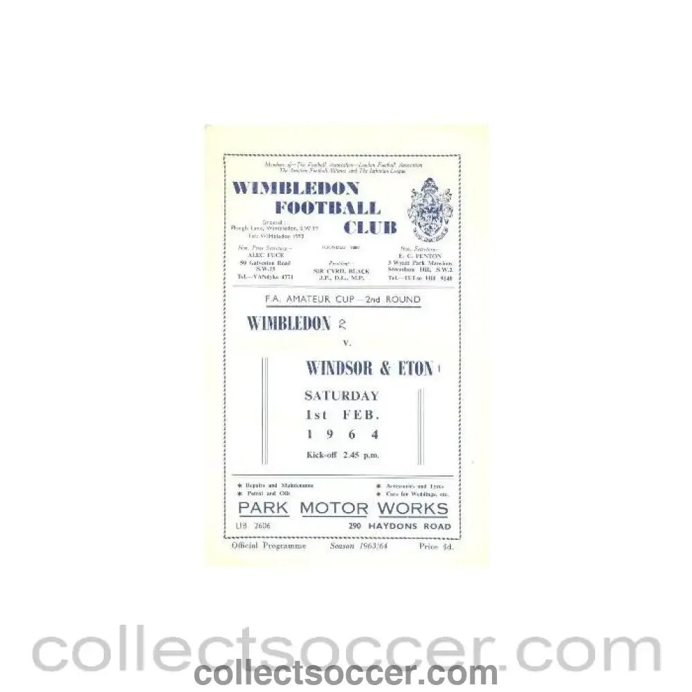 1964 - Wimbledon v Windsor & Eton official programme 01/02/1964 - Collect Soccer