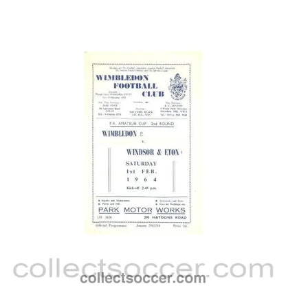 1964 - Wimbledon v Windsor & Eton official programme 01/02/1964 - Collect Soccer