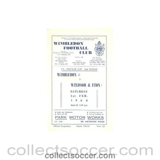 1964 - Wimbledon v Windsor & Eton official programme 01/02/1964 - Collect Soccer