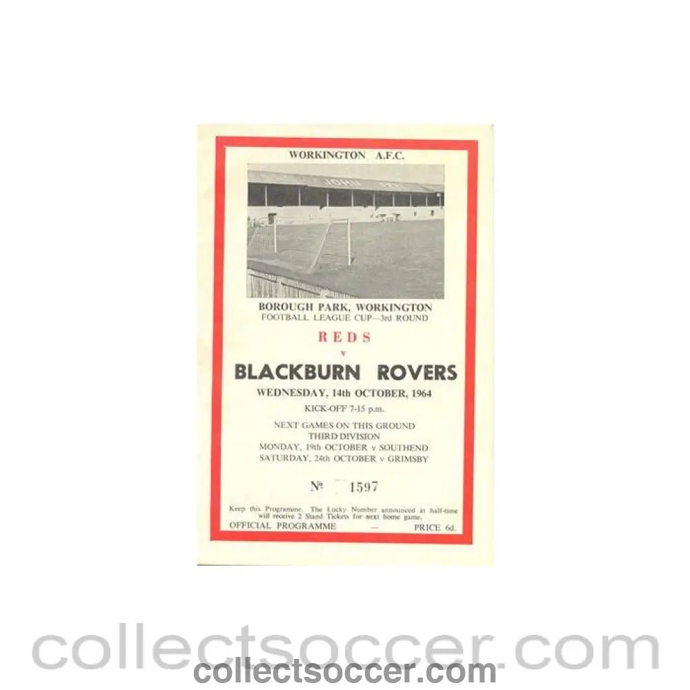 1964 - Workington v Blackburn Rovers official programme 14/10/1964 League Cup - Collect Soccer