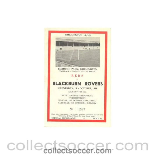 1964 - Workington v Blackburn Rovers official programme 14/10/1964 League Cup - Collect Soccer