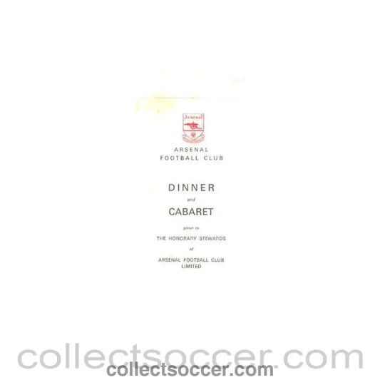 1965 - Arsenal - Dinner & Cabaret to The Honorary Stewards of Arsenal FC menu 22/11/1965