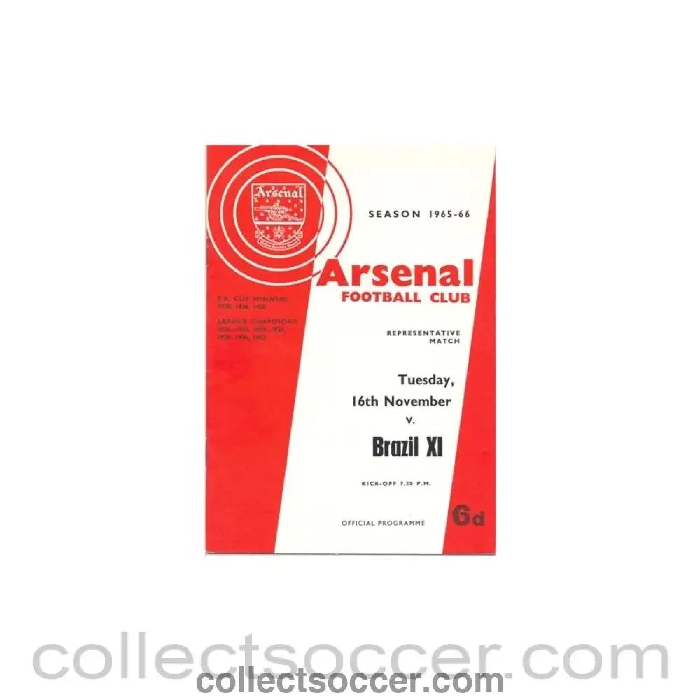 1965 - Arsenal v Brazil XI official programme 16/11/1965 - Collect Soccer