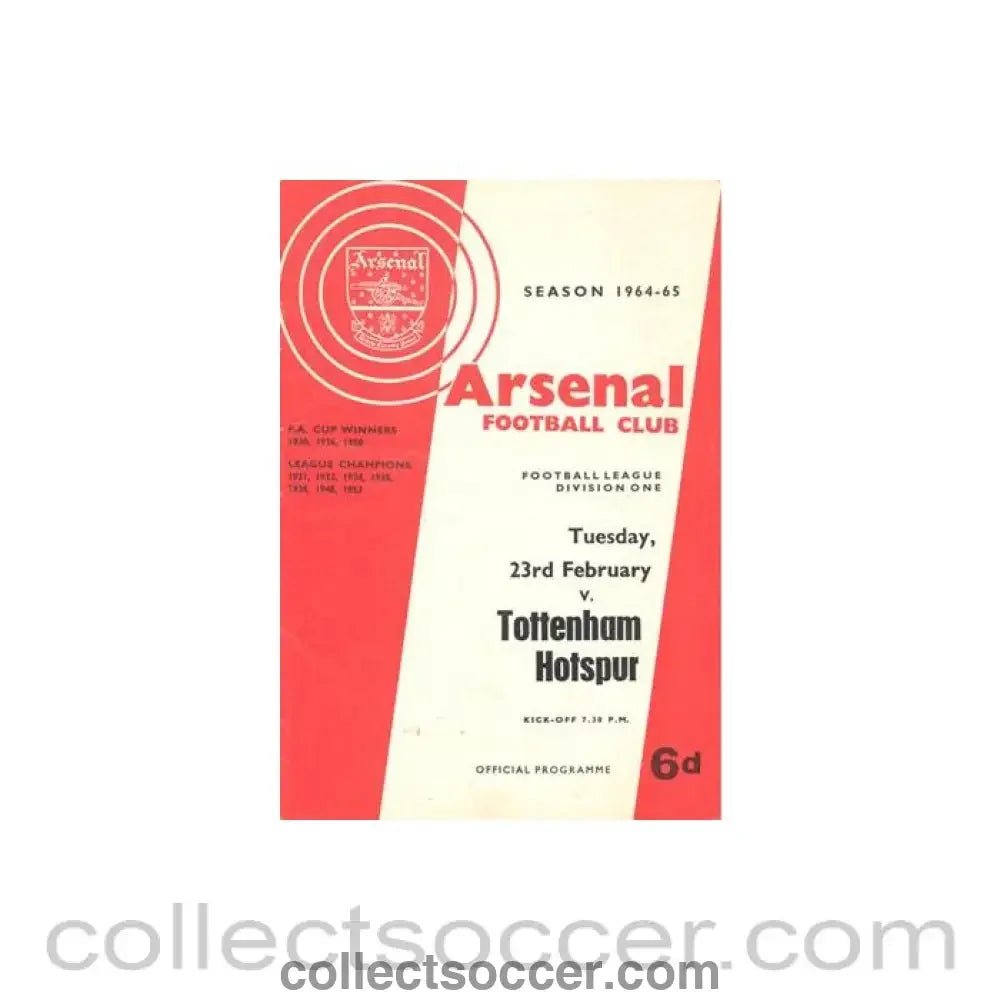 1965 - Arsenal v Tottenham Hotspur official programme 23/02/1965 - Collect Soccer