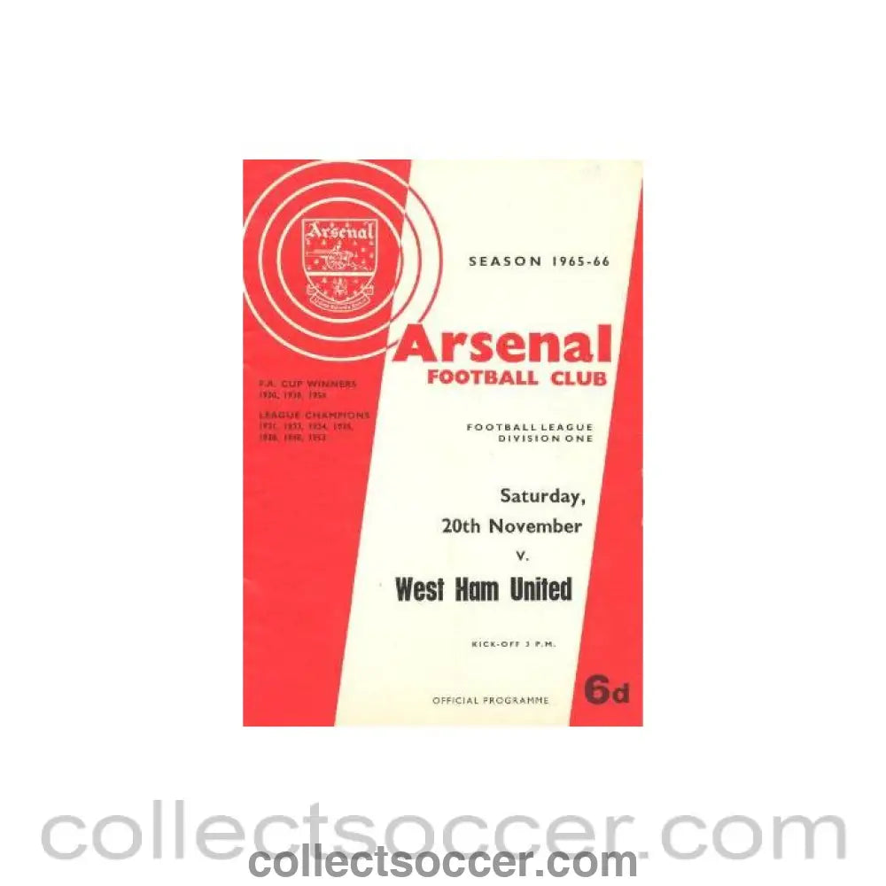 1965 - Arsenal v West Ham United official programme 20/11/1965