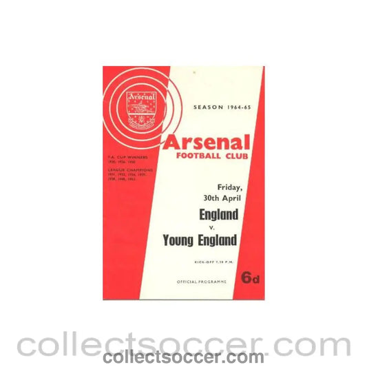 1965 - At Arsenal - England v Young England official programme 30/04/1965