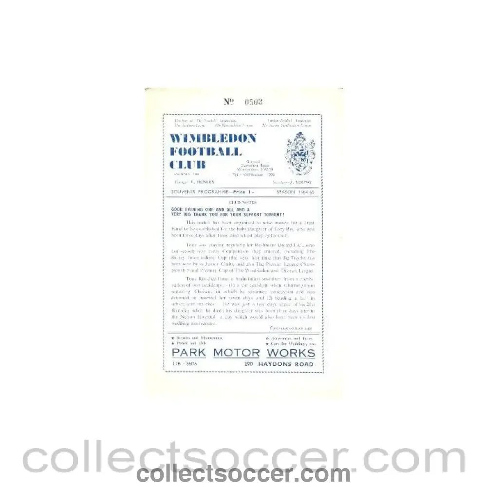 1965 - At Wimbledon Rushmere United v Internationals Club XI Tony Rix testimonial match official programme 12/01/1965 - Collect Soccer