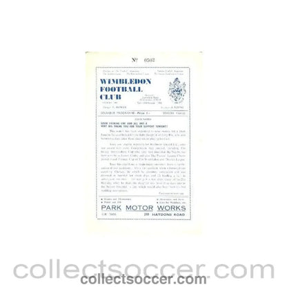 1965 - At Wimbledon Rushmere United v Internationals Club XI Tony Rix testimonial match official programme 12/01/1965 - Collect Soccer