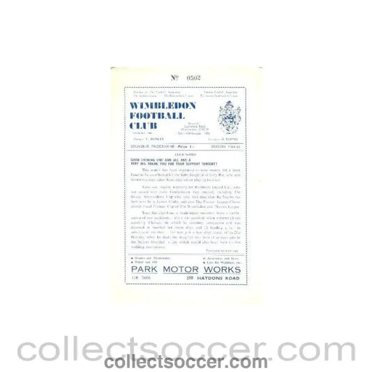 1965 - At Wimbledon Rushmere United v Internationals Club XI Tony Rix testimonial match official programme 12/01/1965 - Collect Soccer