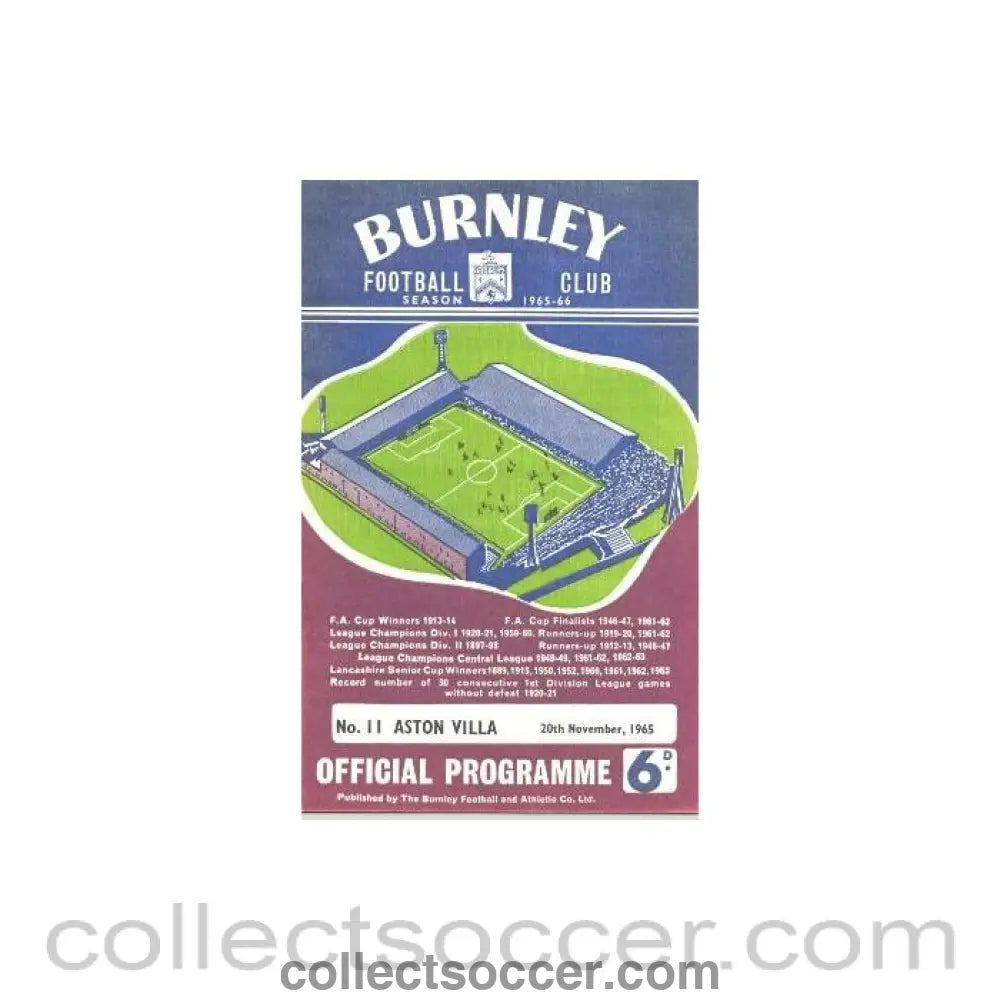 1965 - Burnley v Aston Villa official programme 20/11/1965