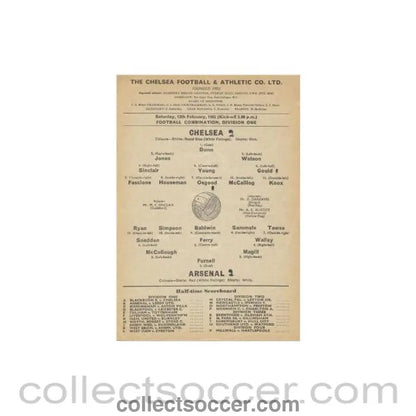 1965 - Chelsea Reserves v Arsenal Reserves official programme 13/02/1965 - Collect Soccer