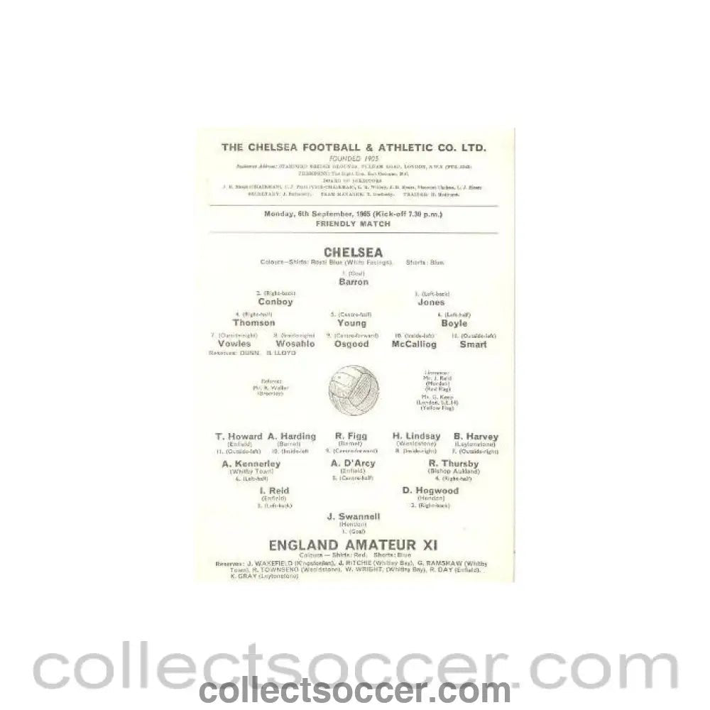 1965 - Chelsea v England Amateur XI official programme 06/09/1965 - Collect Soccer