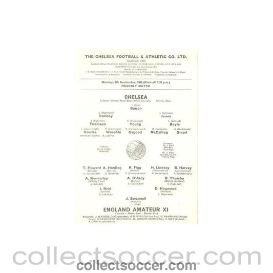 1965 - Chelsea v England Amateur XI official programme 06/09/1965