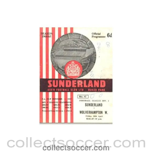 1965 - Sunderland v Wolverhampton Wanderers official programme 16/04/1965 - Collect Soccer