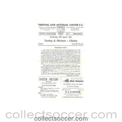 1965 - Tooting & Mitcham vChelsea official programme 18/08/1965 - Collect Soccer