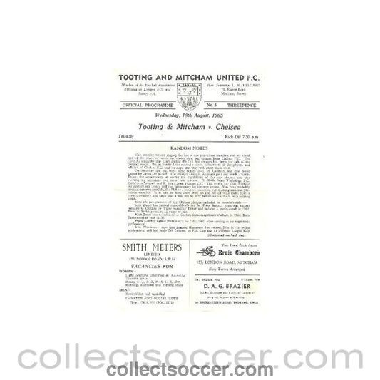 1965 - Tooting & Mitcham vChelsea official programme 18/08/1965