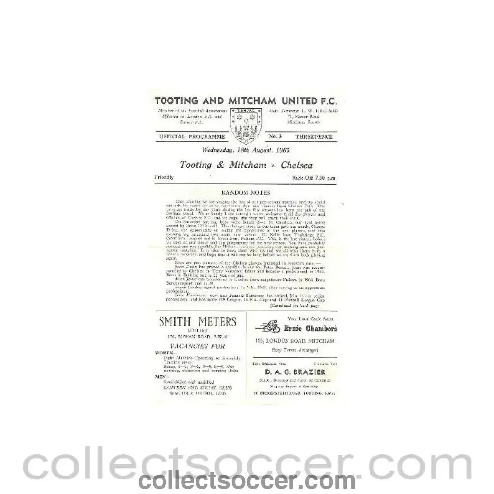 1965 - Tooting & Mitcham vChelsea official programme 18/08/1965 - Collect Soccer