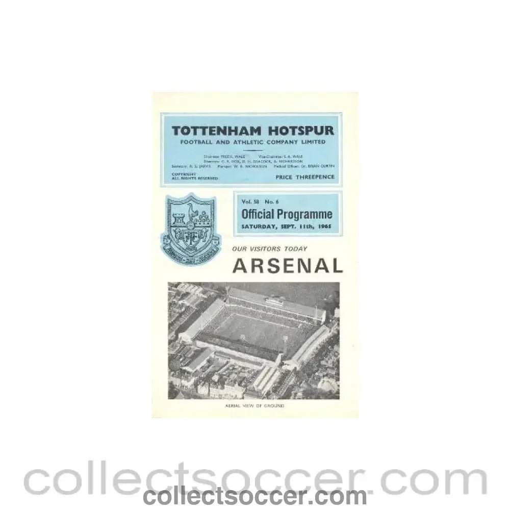 1965 - Tottenham Hotspur v Arsenal official programme 11/09/1965 Football League - Collect Soccer