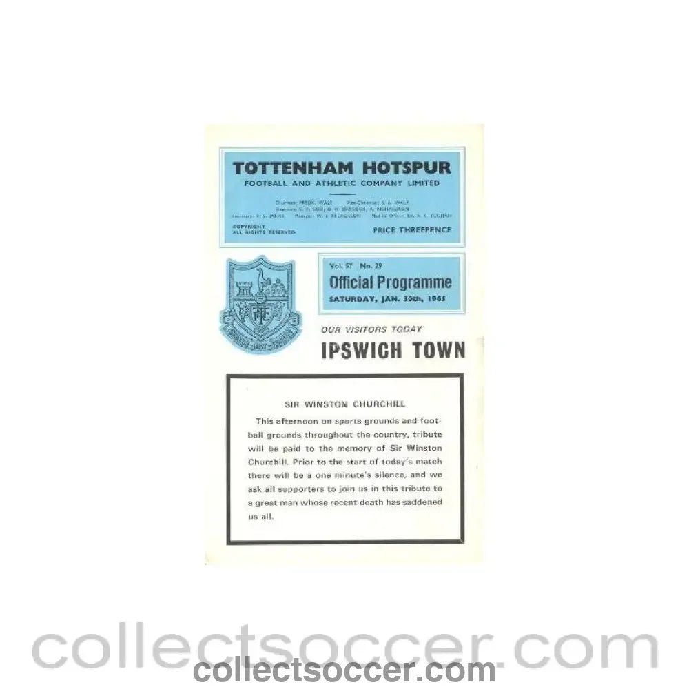 1965 - Tottenham Hotspur v Ipswich Town official programme 30/01/1965 F.A. Cup - Collect Soccer