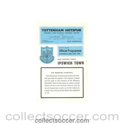 1965 - Tottenham Hotspur v Ipswich Town official programme 30/01/1965 F.A. Cup - Collect Soccer