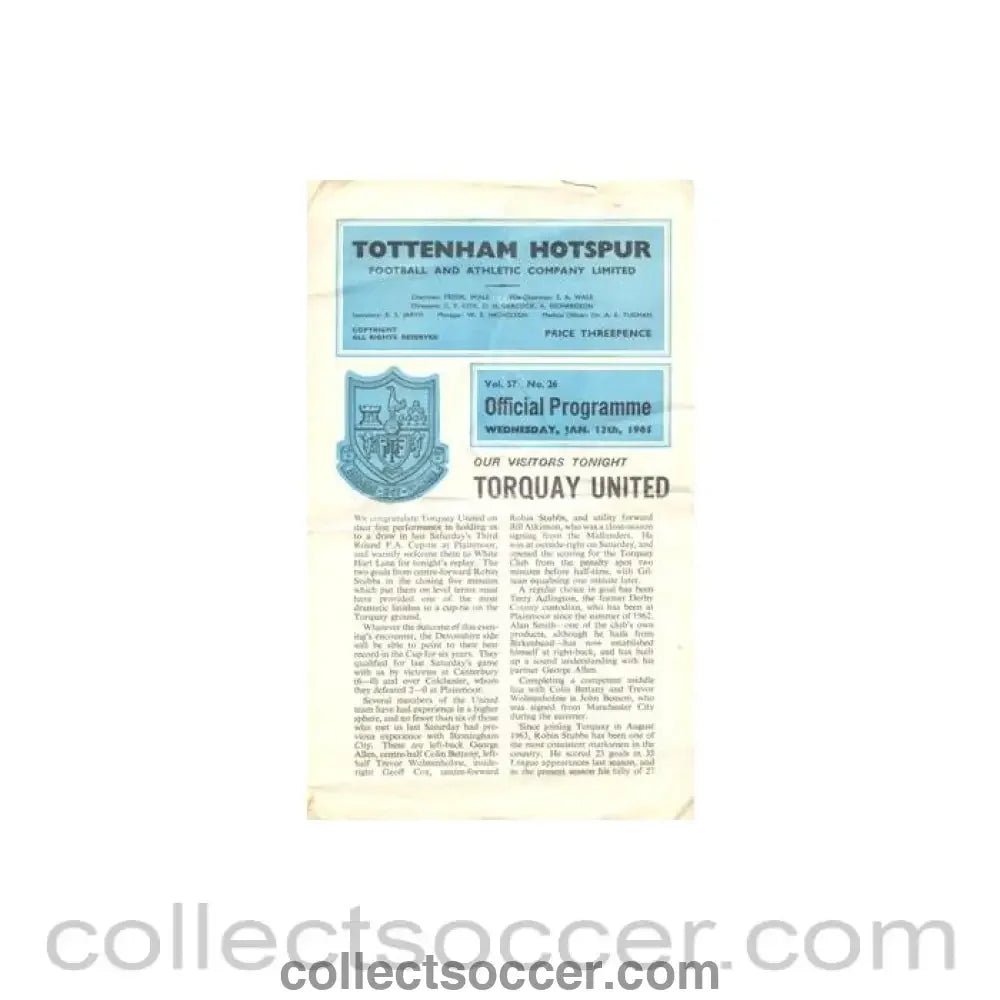 1965 - Tottenham Hotspur v Torquay United official programme 13/01/1965 F.A. Cup - Collect Soccer