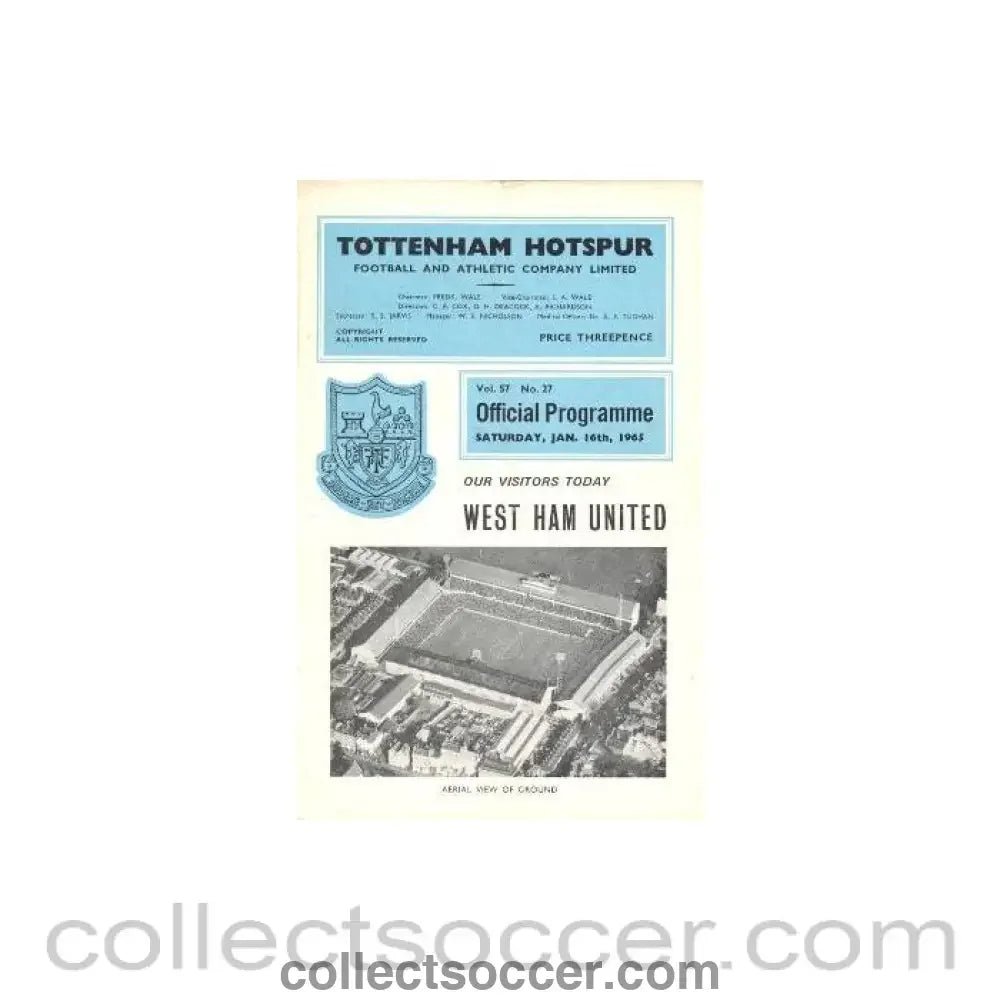 1965 - Tottenham Hotspur v West Ham United official programme 16/01/1965 Football League - Collect Soccer