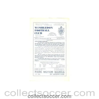 1965 - Wimbledon v Arsenal official programme 20/02/1965 - Collect Soccer