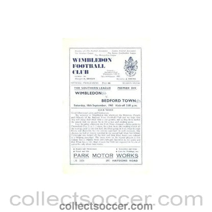 1965 - Wimbledon v Bedford Town official programme 18/09/1965 - Collect Soccer