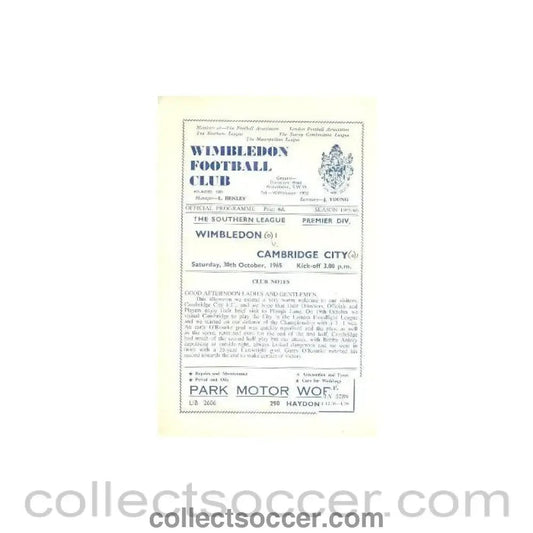 1965 - Wimbledon v Cambridge City official programme 30/10/1965 - Collect Soccer