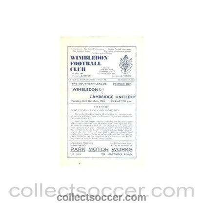 1965 - Wimbledon v Cambridge United official programme 26/10/1965 - Collect Soccer