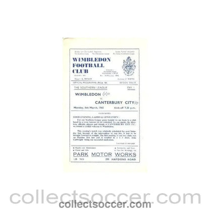1965 - Wimbledon v Canterbury City official programme 08/03/1965 - Collect Soccer