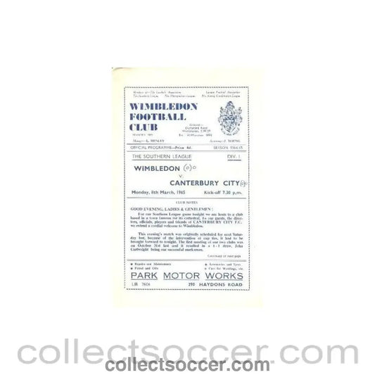 1965 - Wimbledon v Canterbury City official programme 08/03/1965 - Collect Soccer