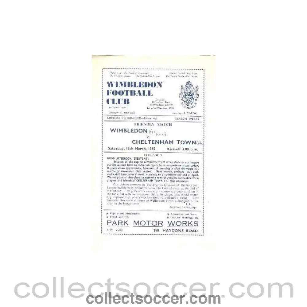 1965 - Wimbledon v Cheltenham Town official programme 13/03/1965 - Collect Soccer
