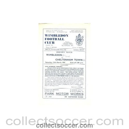 1965 - Wimbledon v Cheltenham Town official programme 13/03/1965 - Collect Soccer