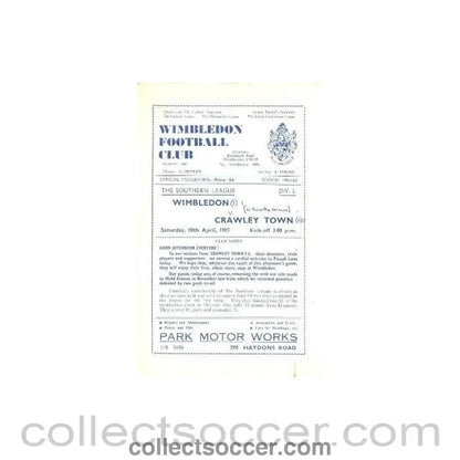 1965 - Wimbledon v Crawley Town official programme 10/04/1965 - Collect Soccer