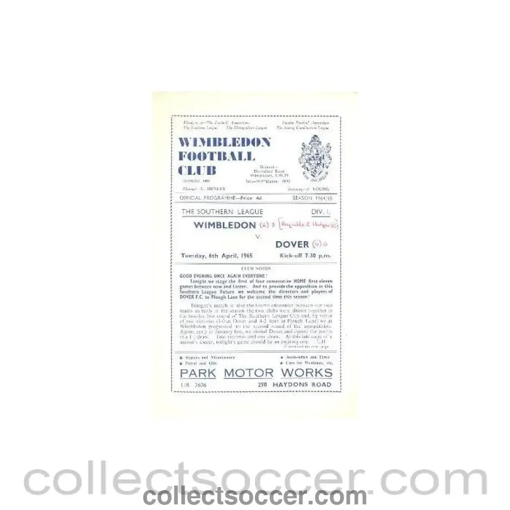 1965 - Wimbledon v Dover official programme 06/04/1965 - Collect Soccer