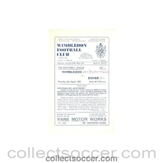 1965 - Wimbledon v Dover official programme 06/04/1965 - Collect Soccer
